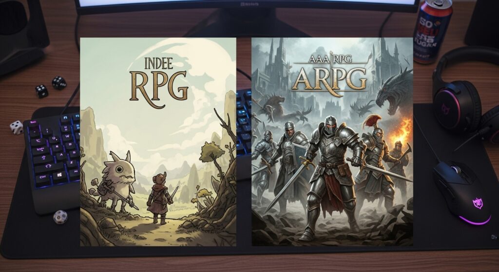 Indie and AAA RPG game covers compared side by side on a gamer’s desk.