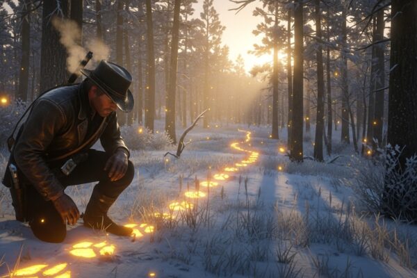Arthur Morgan tracking a legendary animal at sunrise using Eagle Eye in Red Dead Redemption 2.