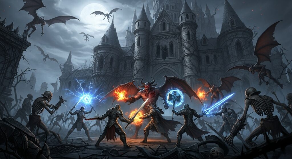 A Huge Mansion in CRPG Dark Fantasy covered with monsters fighting with heroes