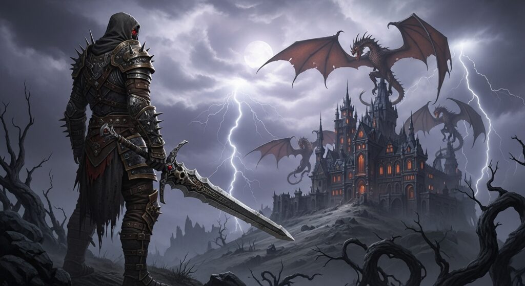A Dark Fantasy CRPG character stading on a hill holding sword facing the Mansion that is protected with dragons