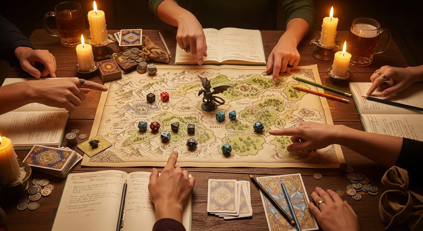 Tabletop role-playing game session with dice, fantasy map, and players collaborating around a table during a TTRPG campaign.