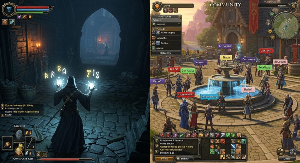 Comparison between solo CRPG gameplay and online MMORPG community hub.
