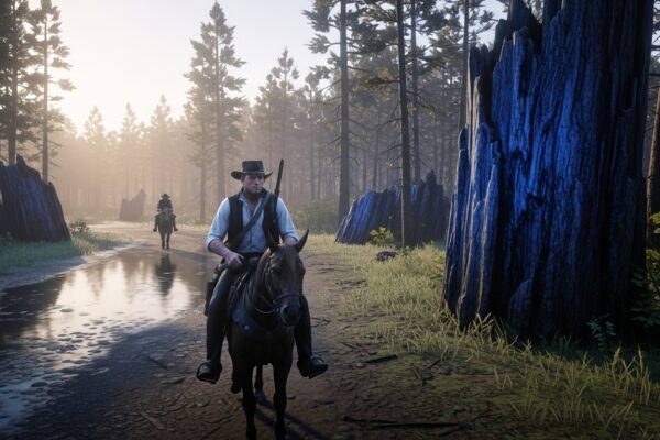 Arthur Morgan riding through Cumberland Forest at dawn with blue-tinted petrified wood reflecting light in Red Dead Redemption 2.