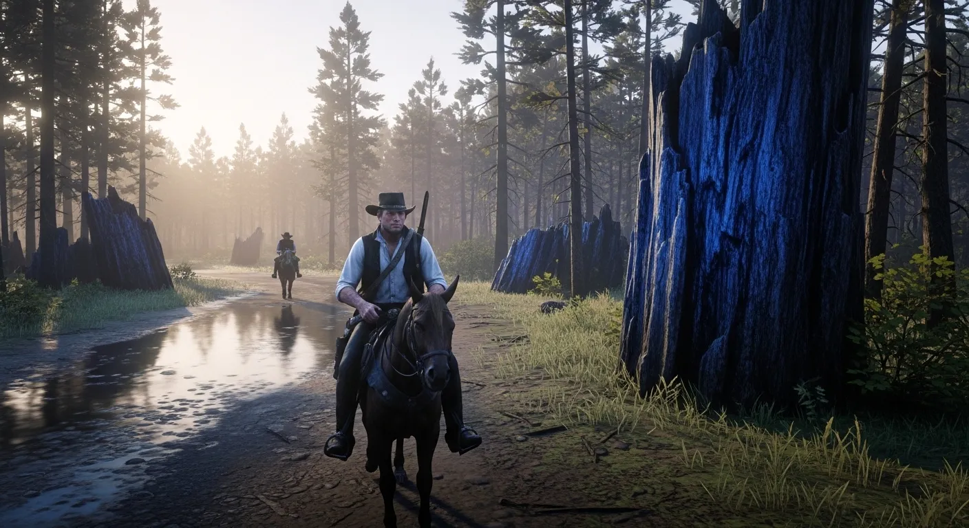 Arthur Morgan riding through Cumberland Forest at dawn with blue-tinted petrified wood reflecting light in Red Dead Redemption 2.