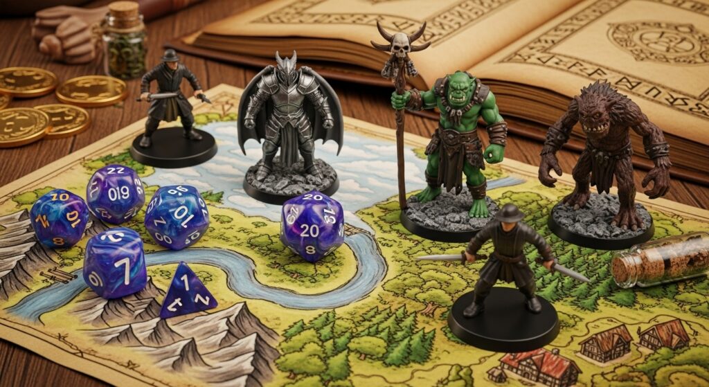 Tabletop RPG setup with polyhedral dice, fantasy map, and miniatures explaining what a TTRPG is.