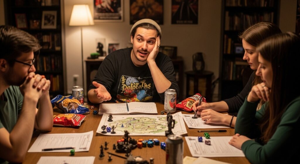 Dungeon master running a tabletop RPG game using low-prep storytelling to avoid burnout.