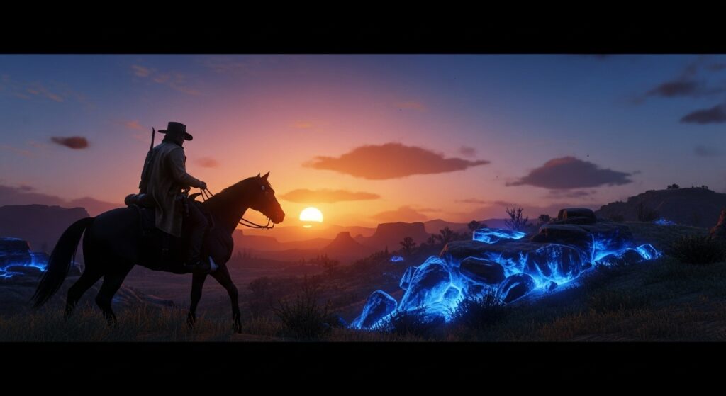 Arthur Morgan riding into the sunset past glowing blue rocks in Red Dead Redemption 2.
