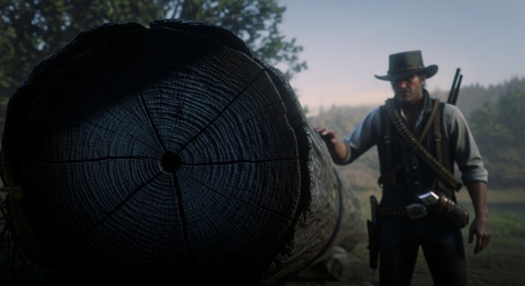 Blue-tinted petrified wood near a forest in Red Dead Redemption 2 as Arthur investigates a rumored cobalt rock.