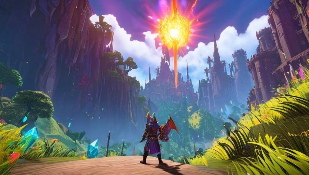 A fantasy-themed adventurer wearing enchanted armor and wielding a glowing sword stands in front of a mysterious ancient temple, surrounded by a dense forest, highlighting the immersive journey of an MMORPG quest guide.