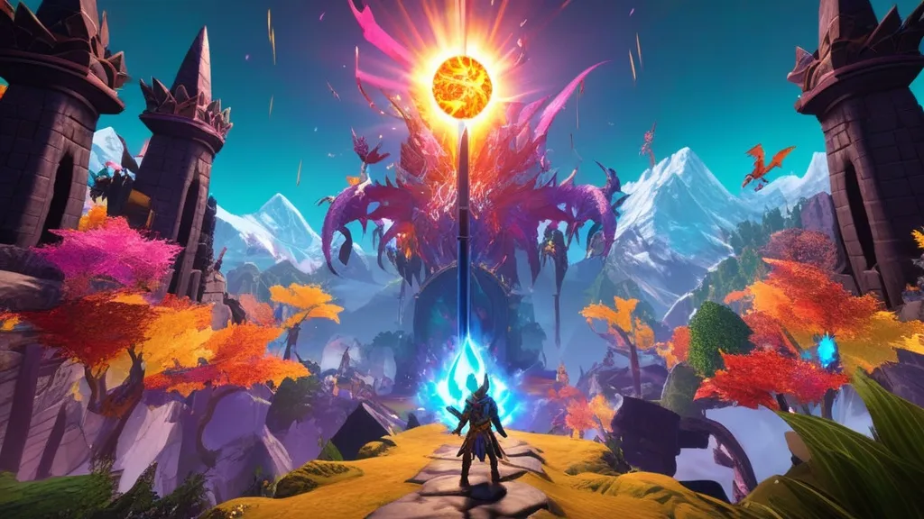 A detailed fantasy map with colorful quest markers, showing paths through enchanted forests and mythical castles, symbolizing an MMORPG quest guide.