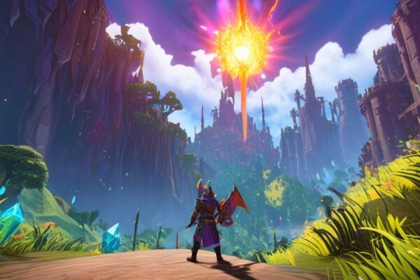 A fantasy-themed adventurer wearing enchanted armor and wielding a glowing sword stands in front of a mysterious ancient temple, surrounded by a dense forest, highlighting the immersive journey of an MMORPG quest guide.
