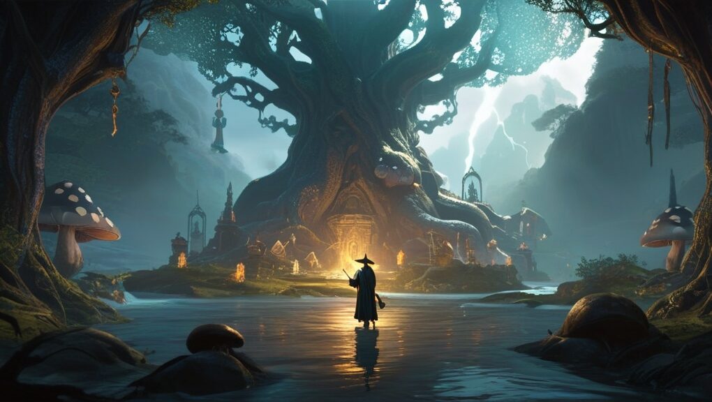 A vibrant fantasy landscape featuring a warrior character holding a sword, standing before an ancient castle with a mystical aura, guiding players through an immersive RPG walkthrough.