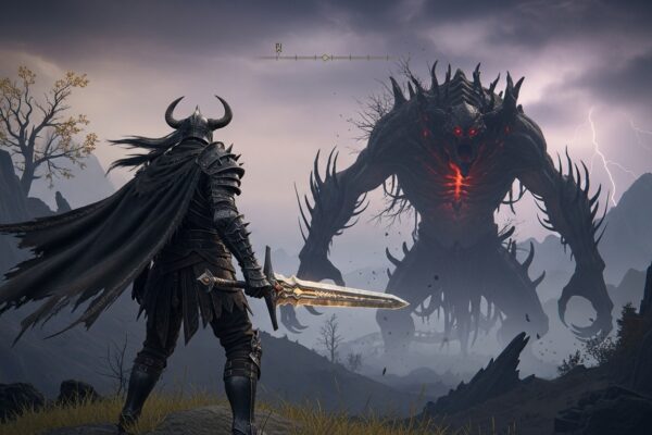 CRPG dark Fantasy a player standing on top of hill facing the very big monster