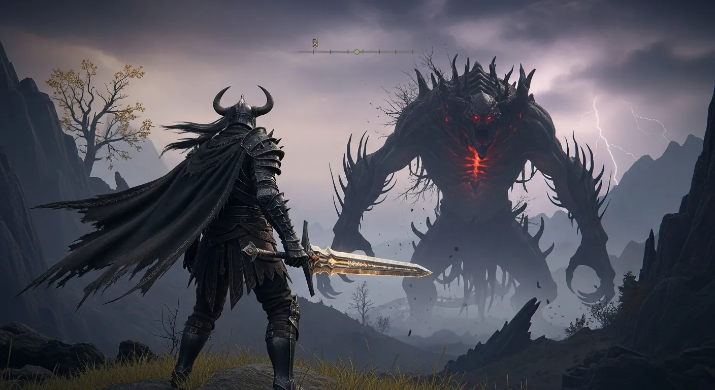 CRPG dark Fantasy a player standing on top of hill facing the very big monster