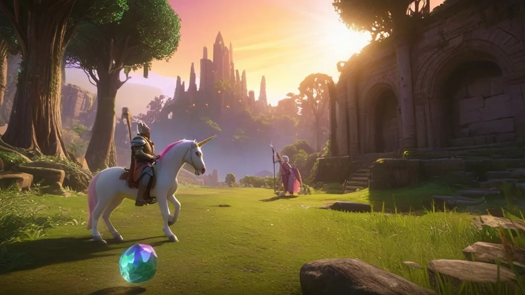 An adventurous hero surrounded by a vibrant fantasy landscape, engaging in a captivating side quest with mythical creatures and hidden treasures, showcasing the best RPG side quests.