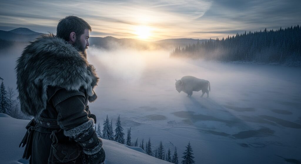 Arthur Morgan watching a Legendary White Bison fade into snow at dawn in Red Dead Redemption 2.