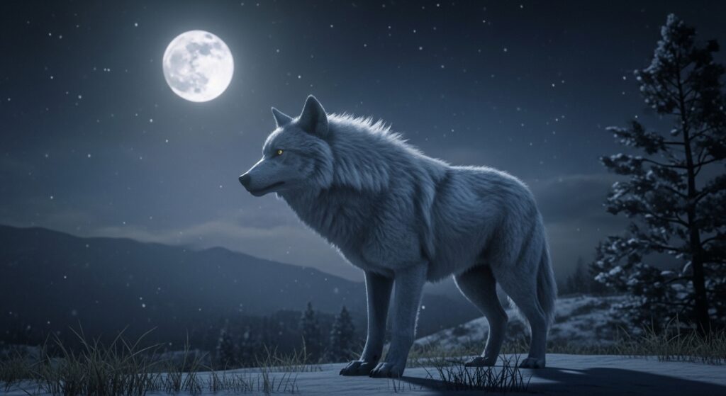 Legendary White Wolf in RDR2 illuminated by moonlight in a snowy region.