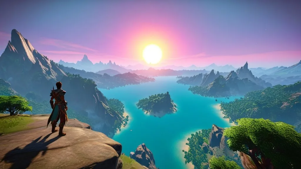 A futuristic landscape in a vast open world game, featuring an adventurous character embarking on a quest through a dense forest with towering trees and glowing portals in 2025.