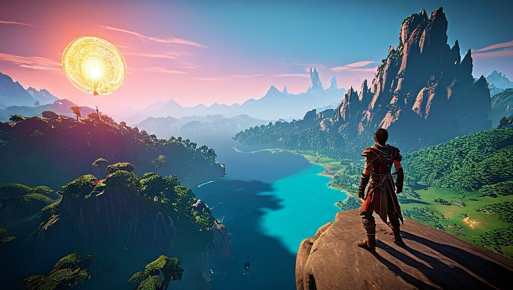 A futuristic open world landscape featuring a diverse group of adventurers embarking on epic quests in 2025, with sprawling terrains, mythical creatures, and advanced technology in the background.