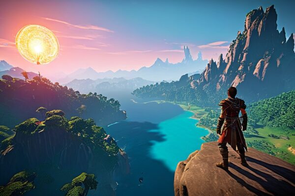 A futuristic open world landscape featuring a diverse group of adventurers embarking on epic quests in 2025, with sprawling terrains, mythical creatures, and advanced technology in the background.