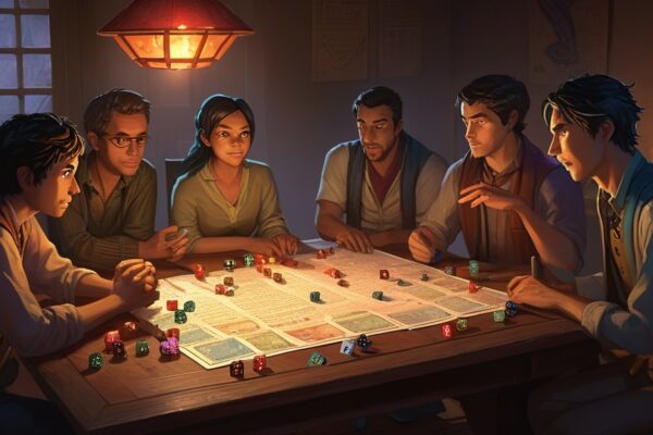 ttrpg adventure session with diverse players and intricate maps
