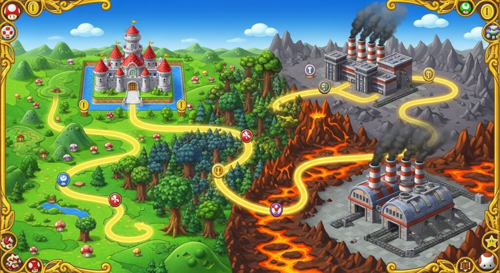 Super Mario RPG walkthrough map showing main story path from Mushroom Kingdom to Factory.