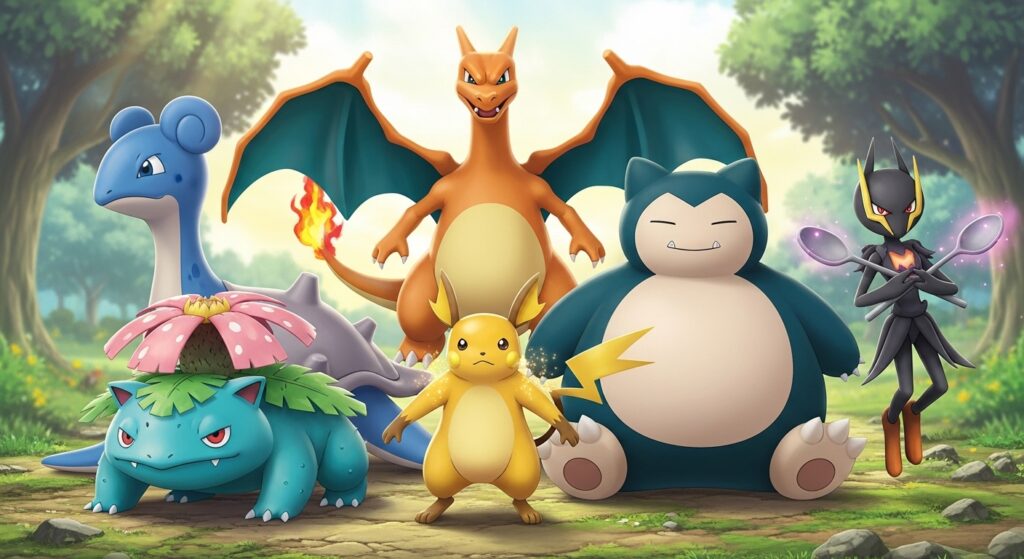 Balanced team lineup of six Pokémon (Charizard, Raichu, Lapras, Alakazam, Venusaur, Snorlax) standing in formation.