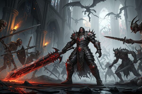 A ARPG dark fantasy hero surrounded by enemies.