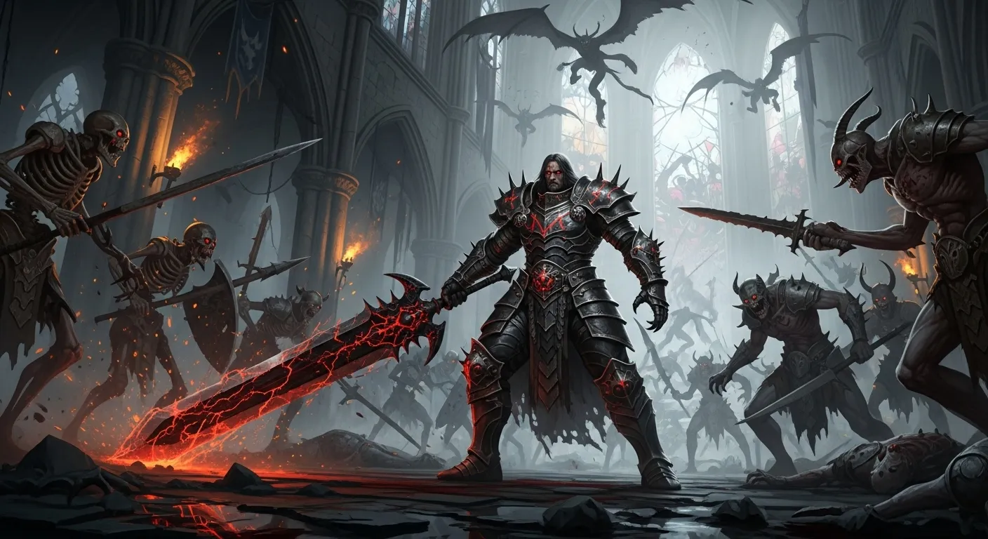 A ARPG dark fantasy hero surrounded by enemies.