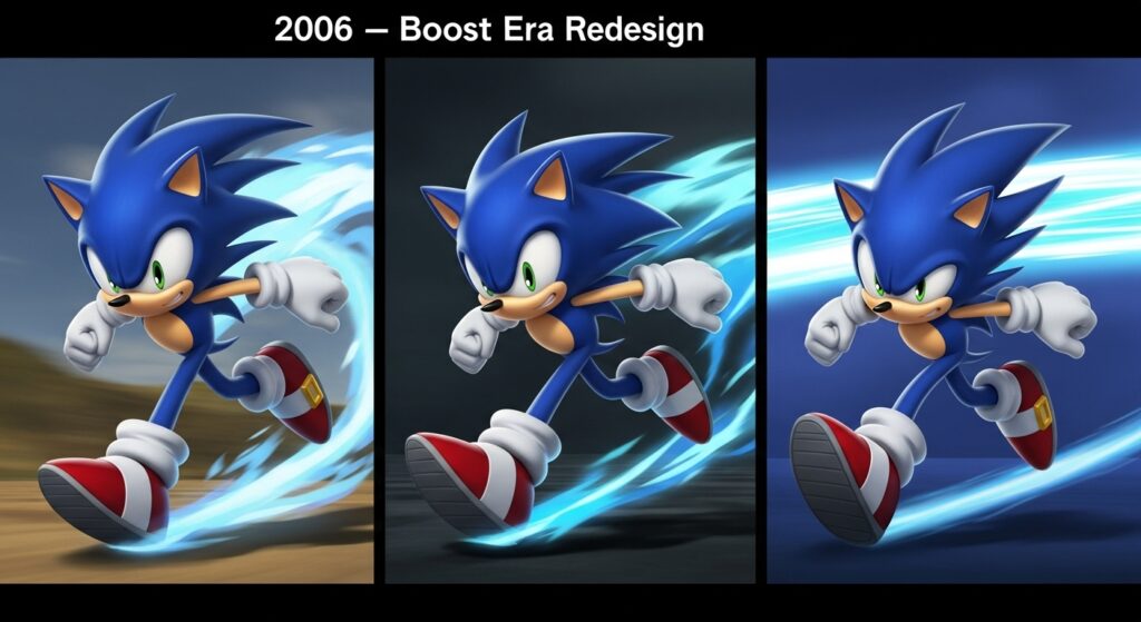 Sonic design evolution from 1991 to 2025 across classic, adventure, and modern eras.