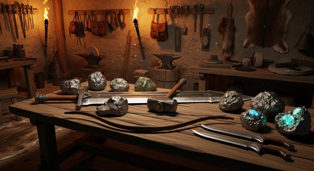 Hunter’s workshop with mining gear and weapons laid out beside glowing ores and upgrade materials.