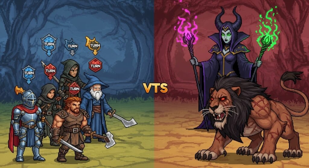 Disney Pixel RPG turn-based combat featuring pixel heroes battling a boss.