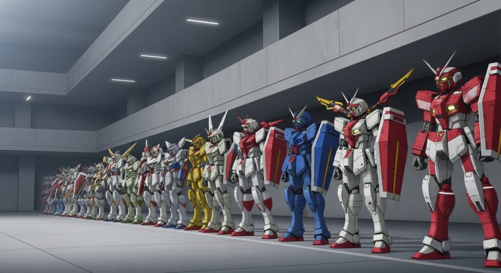 Custom Gundam lineup in hangar representing diverse player builds in Gundam Breaker 4.