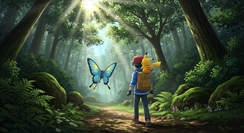 Trainer walking through Viridian Forest with Pikachu and Butterfree nearby, sunlight filtering through trees.