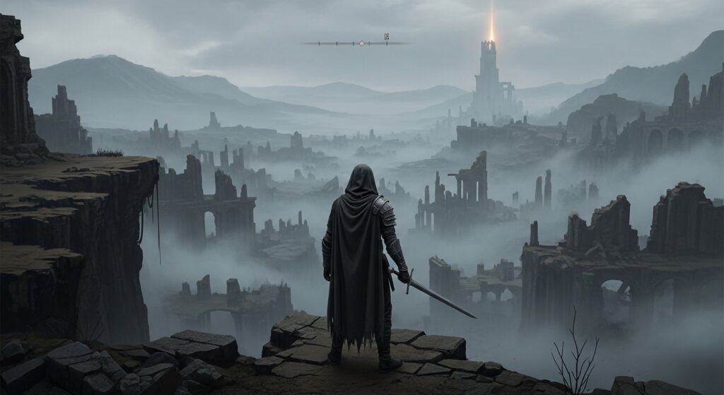 Explorer overlooking fog-shrouded ruins in Tainted Grail: The Fall of Avalon, a darker and meaner world than Skyrim.