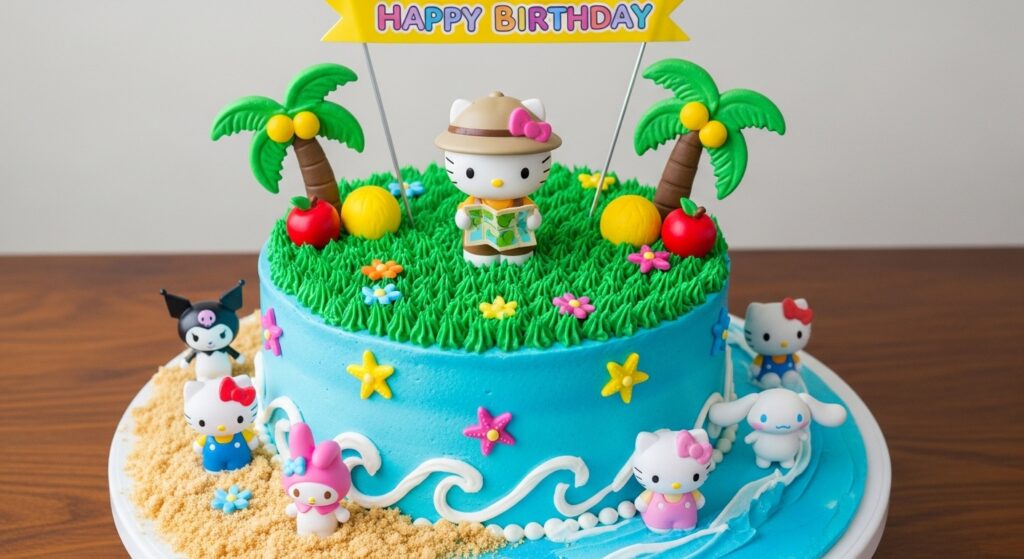 Birthday cake decorated with Hello Kitty Island Adventure themed toys and icing designs.