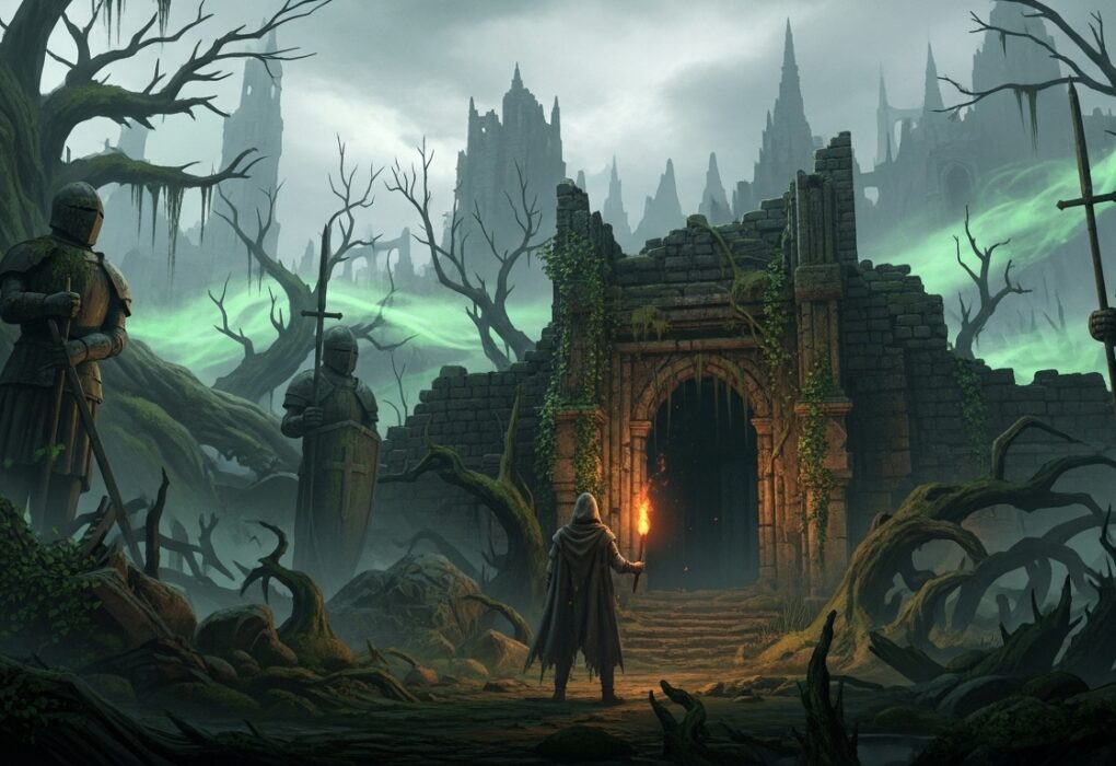 Lone wanderer exploring the dark, foggy ruins of Avalon in Tainted Grail: The Fall of Avalon, with torchlight cutting through the Wyrdness.