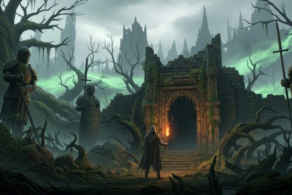 Lone wanderer exploring the dark, foggy ruins of Avalon in Tainted Grail: The Fall of Avalon, with torchlight cutting through the Wyrdness.