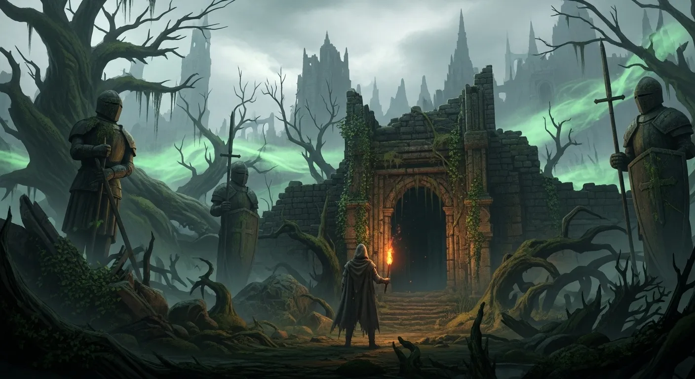 Lone wanderer exploring the dark, foggy ruins of Avalon in Tainted Grail: The Fall of Avalon, with torchlight cutting through the Wyrdness.