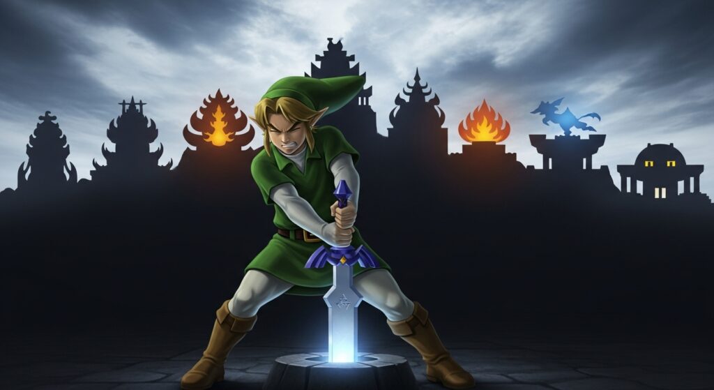 Adult Link unlocking temple order after pulling Master Sword – Ocarina of Time walkthrough guide.