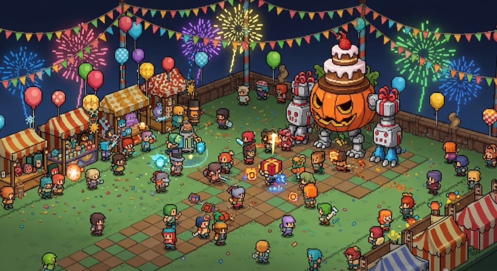 Disney Pixel RPG limited-time event area with festive pixel art decorations.