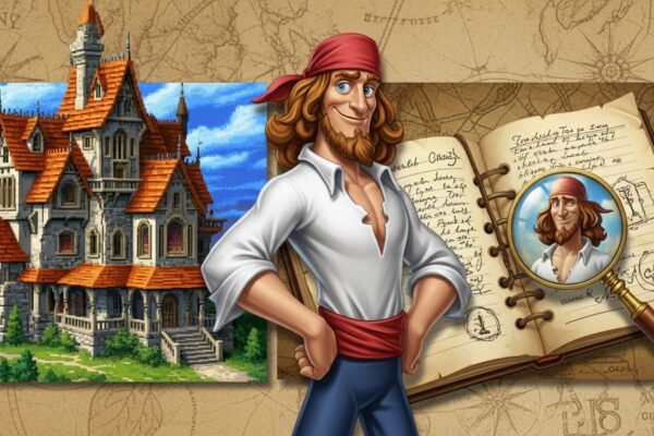 Point-and-click adventure games collage – Monkey Island, Myst, and detective puzzle icons.