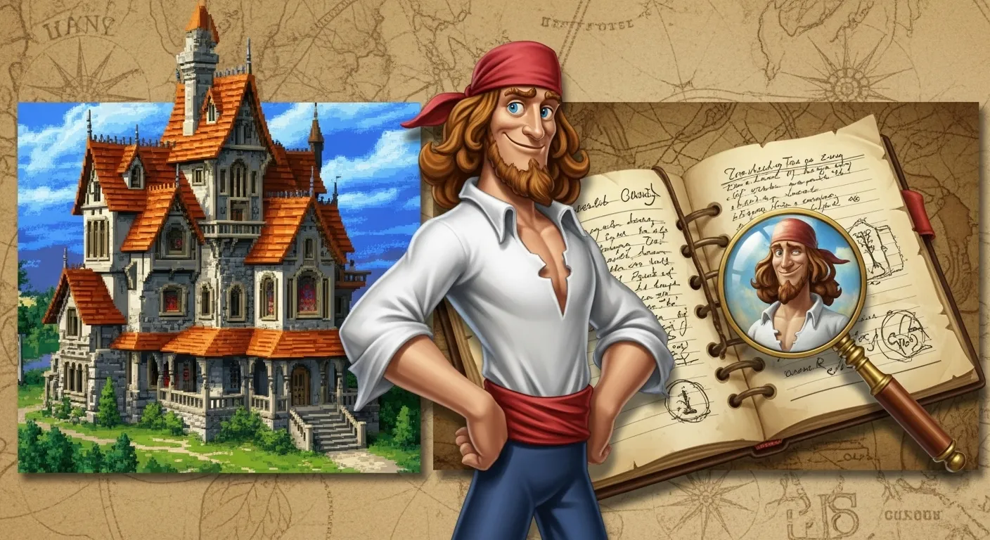 Point-and-click adventure games collage – Monkey Island, Myst, and detective puzzle icons.