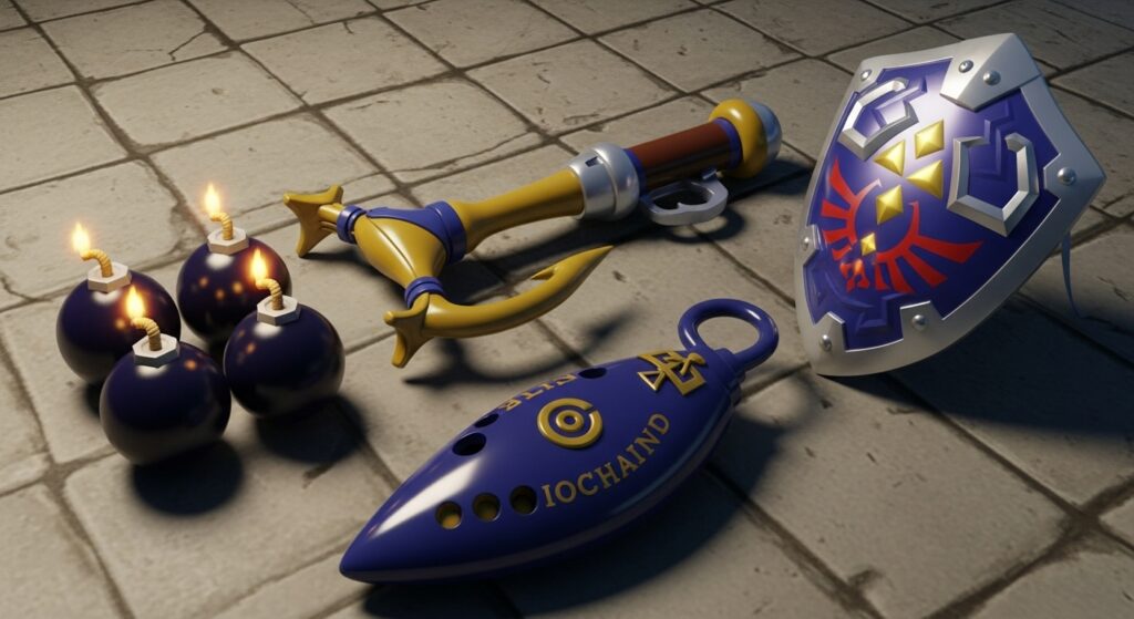 Best equipment setup in Ocarina of Time – Hookshot, Bombs, Mirror Shield, Ocarina.