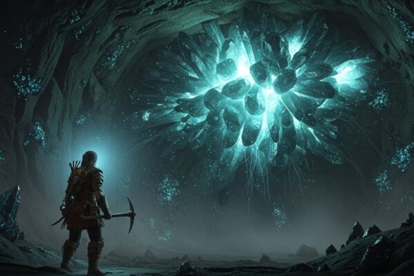 Hunter discovering glowing Grand Escunite crystal vein deep inside a luminescent cave.
