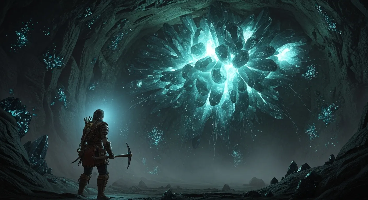 Hunter discovering glowing Grand Escunite crystal vein deep inside a luminescent cave.