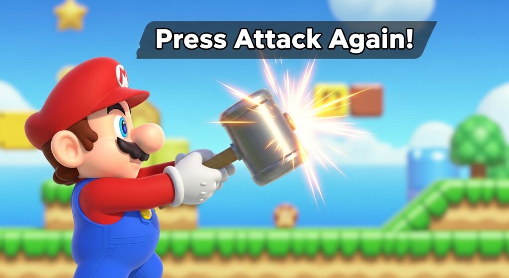 Super Mario RPG timed hit tutorial showing correct attack timing spark.