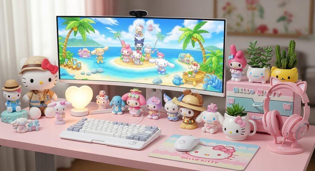 Hello Kitty Island Adventure themed gaming desk with pastel accessories.