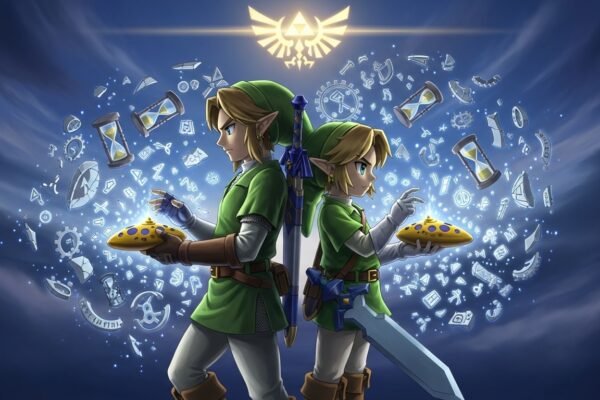 Adult and Young Link standing back-to-back with the Ocarina and glowing Triforce in the sky