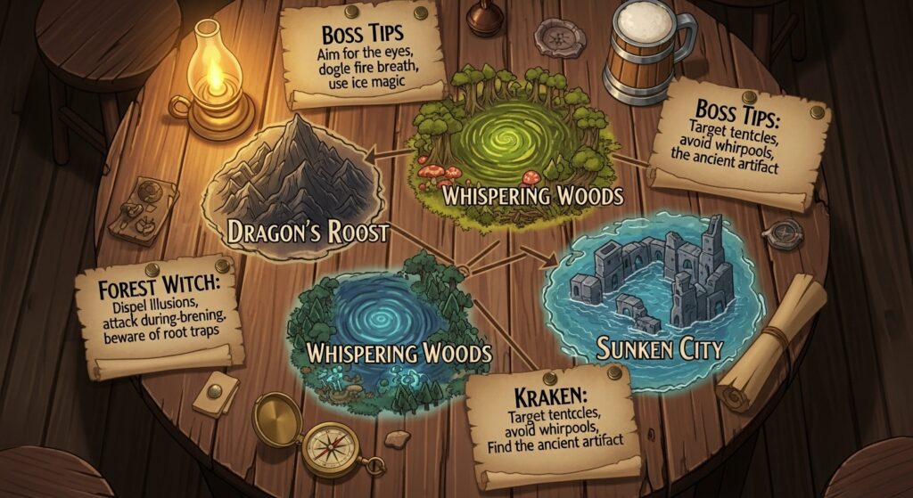 Super Mario RPG quick reference table listing key areas, bosses, and useful skills.